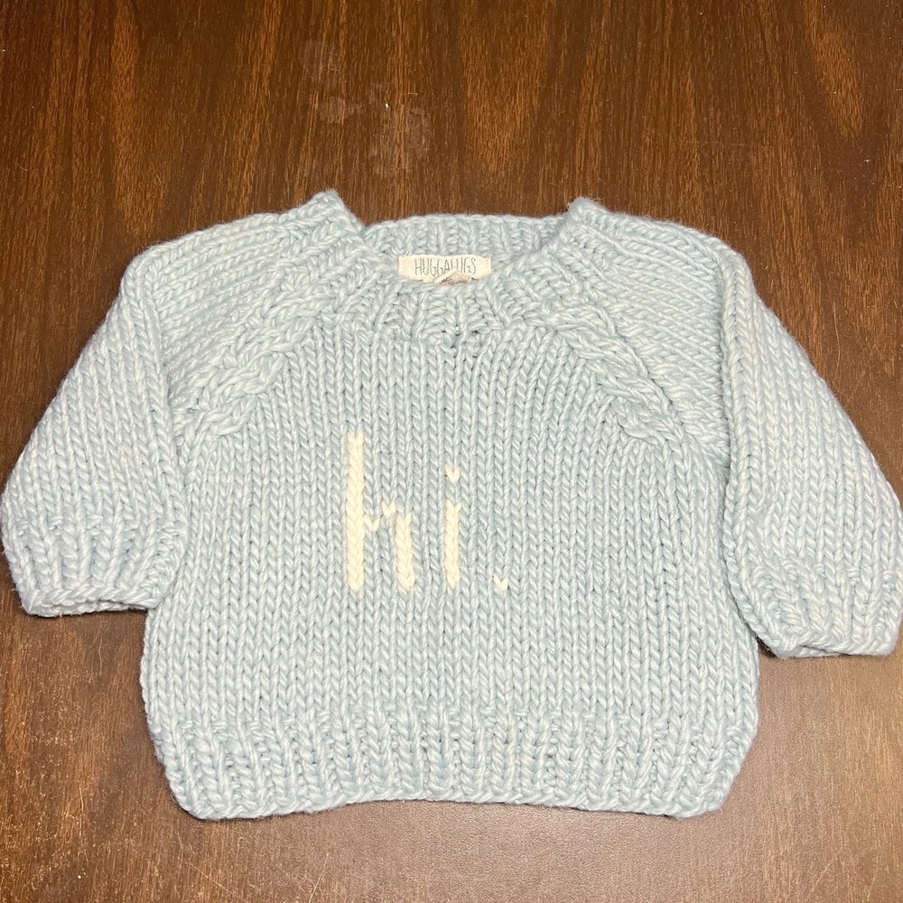 Huggalugs Baby Sweater Infant Unisex 6–12M Blue Knit‎ "Hi" Pullover *Read